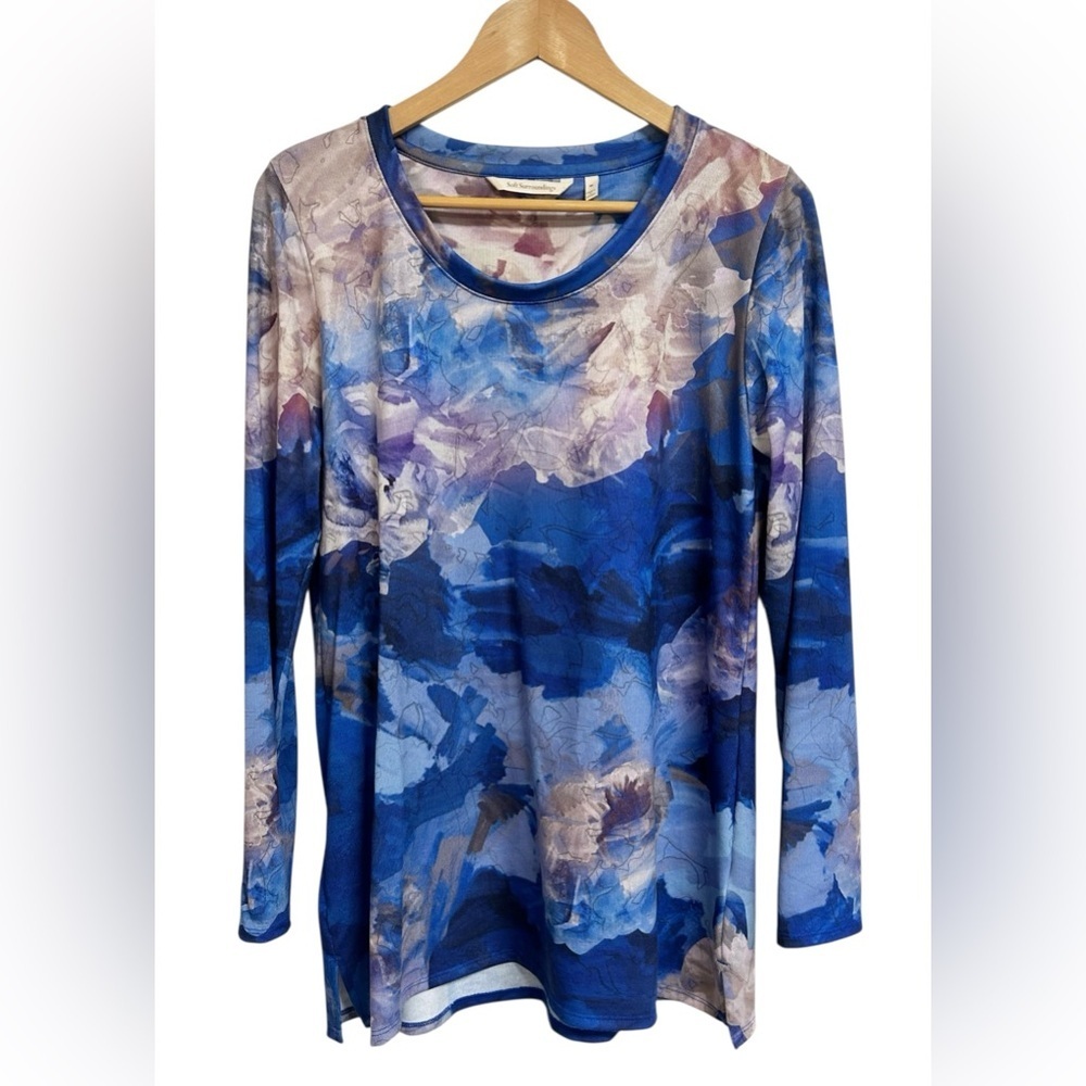 Soft Surroundings Sirena Watercolor Knit Tunic Top M Blue Floral Artsy